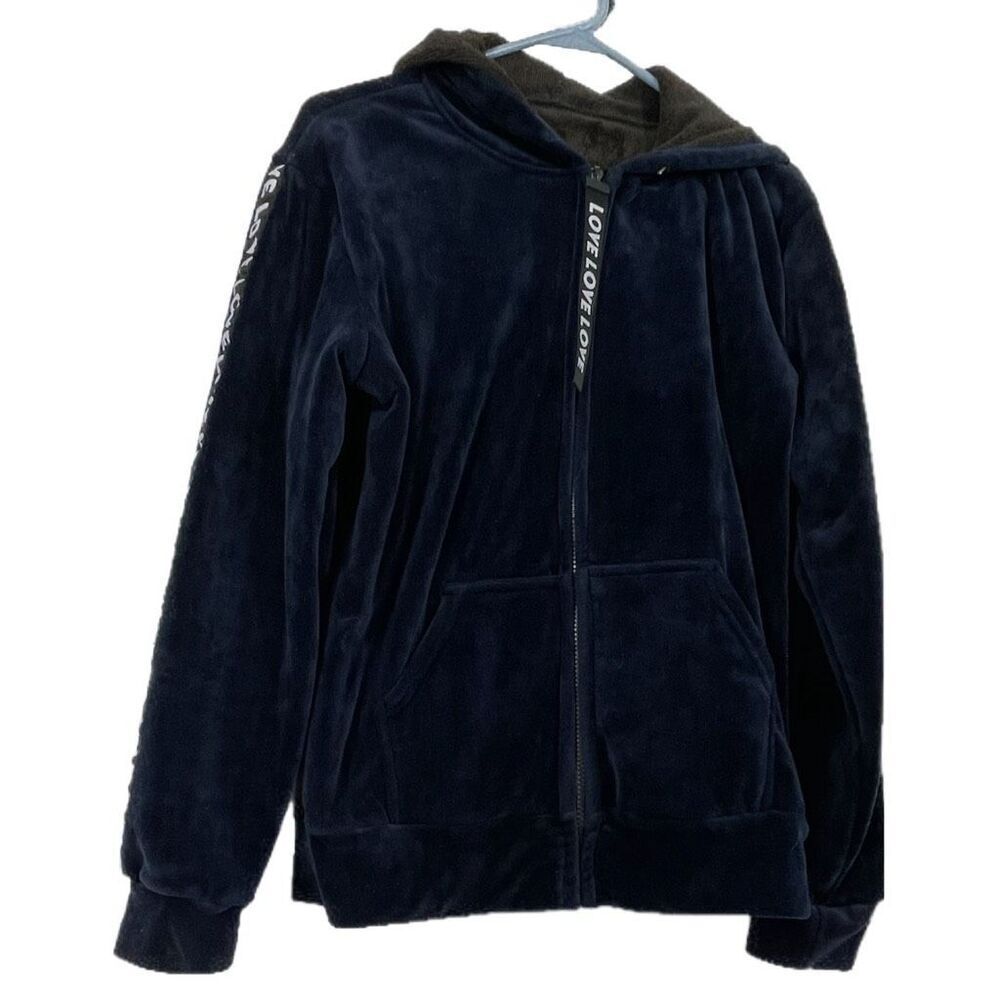 Navy Blue velvet full zip  front LOVE” down sleeves and zipper pull